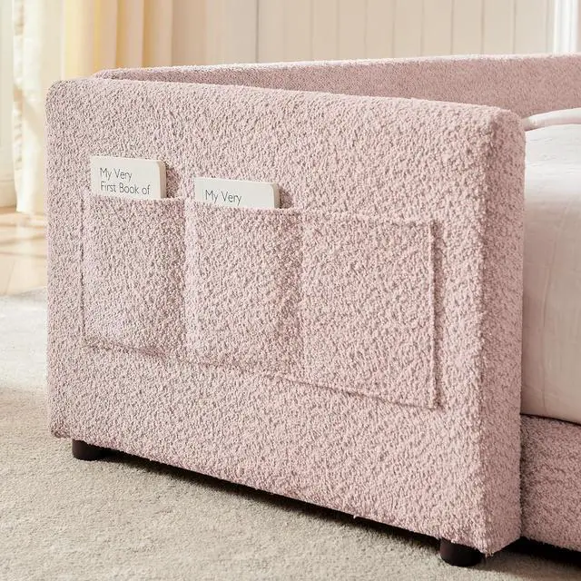 Alt view image 5 of 7 - Full Size Boucle Upholstered Floor Bed, Princess Platform Bed with Cute Rabbit Ear Shaped Headboard, Safety Rail and Pockets, Soft Double Bedframe for Girls and Boys Bedroom, Easy to Assemble, Pink