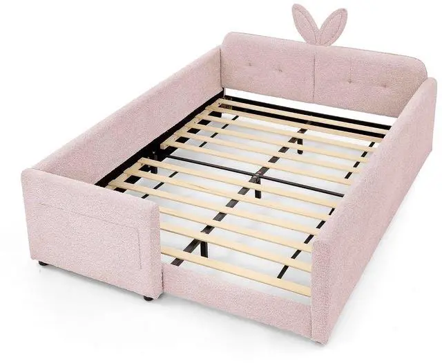 Alt view image 7 of 7 - Full Size Boucle Upholstered Floor Bed, Princess Platform Bed with Cute Rabbit Ear Shaped Headboard, Safety Rail and Pockets, Soft Double Bedframe for Girls and Boys Bedroom, Easy to Assemble, Pink
