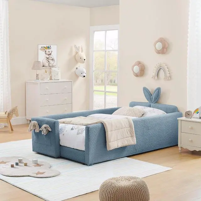 Alt view image 3 of 7 - Twin Size Boucle Upholstered Floor Bed, Princess Platform Bed with Cute Rabbit Ear Shaped Headboard, Safety Rail and Pockets, Soft Single Bedframe for Girls Boys Bedroom, Easy to Assemble, Sky Blue