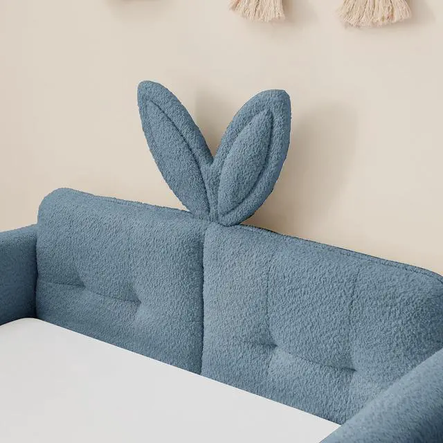 Alt view image 4 of 7 - Twin Size Boucle Upholstered Floor Bed, Princess Platform Bed with Cute Rabbit Ear Shaped Headboard, Safety Rail and Pockets, Soft Single Bedframe for Girls Boys Bedroom, Easy to Assemble, Sky Blue