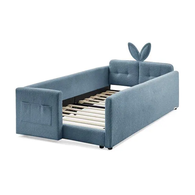 Alt view image 7 of 7 - Twin Size Boucle Upholstered Floor Bed, Princess Platform Bed with Cute Rabbit Ear Shaped Headboard, Safety Rail and Pockets, Soft Single Bedframe for Girls Boys Bedroom, Easy to Assemble, Sky Blue