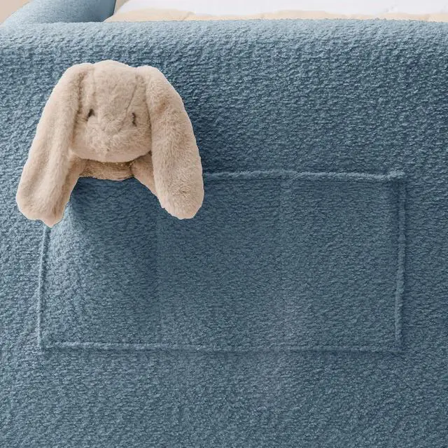Alt view image 5 of 7 - Twin Size Boucle Upholstered Floor Bed, Princess Platform Bed with Cute Rabbit Ear Shaped Headboard, Safety Rail and Pockets, Soft Single Bedframe for Girls Boys Bedroom, Easy to Assemble, Sky Blue