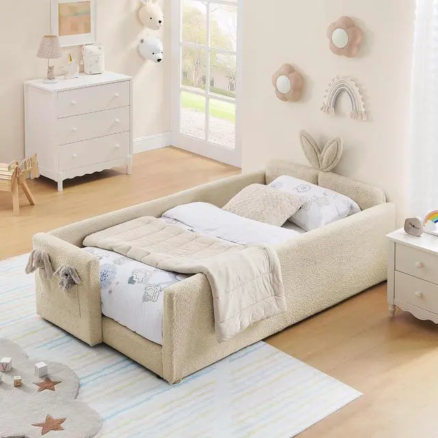 Main image of Twin Size Boucle Upholstered Floor Bed, Princess Platform Bed with Cute Rabbit Ear Shaped Headboard, Safety Rail and Pockets, Soft Single Bedframe for Girls and Boys Bedroom, Easy to Assemble, Camel