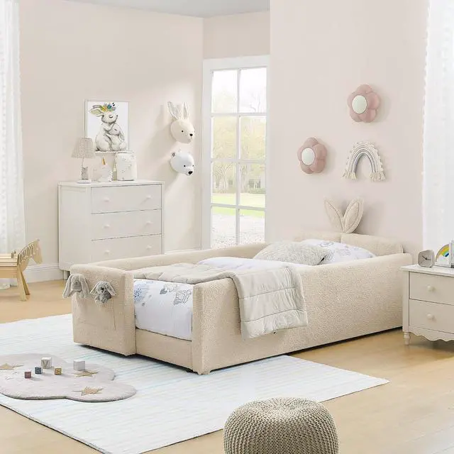 Alt view image 3 of 7 - Twin Size Boucle Upholstered Floor Bed, Princess Platform Bed with Cute Rabbit Ear Shaped Headboard, Safety Rail and Pockets, Soft Single Bedframe for Girls and Boys Bedroom, Easy to Assemble, Camel