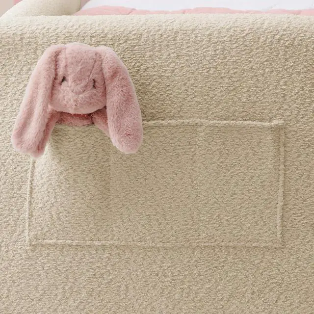 Alt view image 5 of 7 - Twin Size Boucle Upholstered Floor Bed, Princess Platform Bed with Cute Rabbit Ear Shaped Headboard, Safety Rail and Pockets, Soft Single Bedframe for Girls and Boys Bedroom, Easy to Assemble, Camel