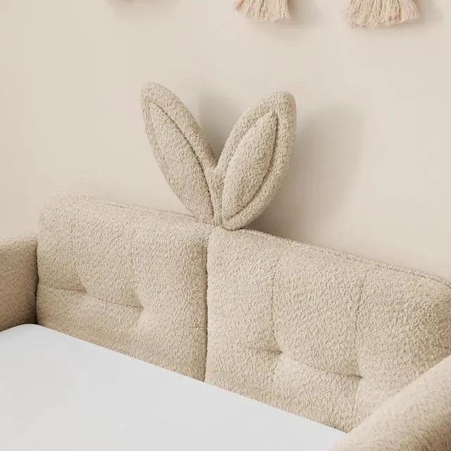 Alt view image 6 of 7 - Twin Size Boucle Upholstered Floor Bed, Princess Platform Bed with Cute Rabbit Ear Shaped Headboard, Safety Rail and Pockets, Soft Single Bedframe for Girls and Boys Bedroom, Easy to Assemble, Camel
