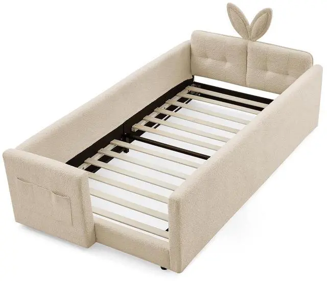Alt view image 7 of 7 - Twin Size Boucle Upholstered Floor Bed, Princess Platform Bed with Cute Rabbit Ear Shaped Headboard, Safety Rail and Pockets, Soft Single Bedframe for Girls and Boys Bedroom, Easy to Assemble, Camel