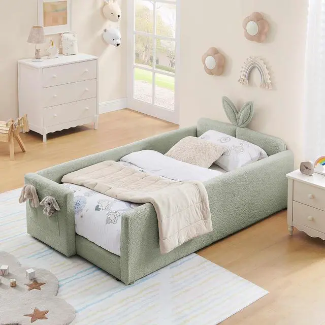 Main image of Twin Size Boucle Upholstered Floor Bed, Princess Platform Bed with Cute Rabbit Ear Shaped Headboard, Safety Rail and Pockets, Soft Single Bedframe for Girls and Boys Bedroom, Easy to Assemble, Cyan