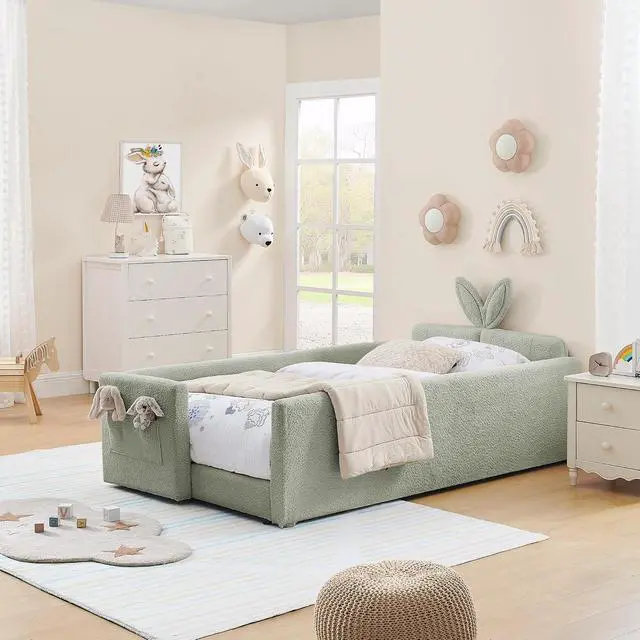 Alt view image 3 of 7 - Twin Size Boucle Upholstered Floor Bed, Princess Platform Bed with Cute Rabbit Ear Shaped Headboard, Safety Rail and Pockets, Soft Single Bedframe for Girls and Boys Bedroom, Easy to Assemble, Cyan