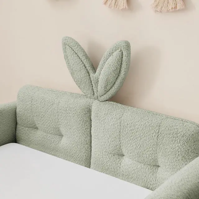 Alt view image 5 of 7 - Twin Size Boucle Upholstered Floor Bed, Princess Platform Bed with Cute Rabbit Ear Shaped Headboard, Safety Rail and Pockets, Soft Single Bedframe for Girls and Boys Bedroom, Easy to Assemble, Cyan