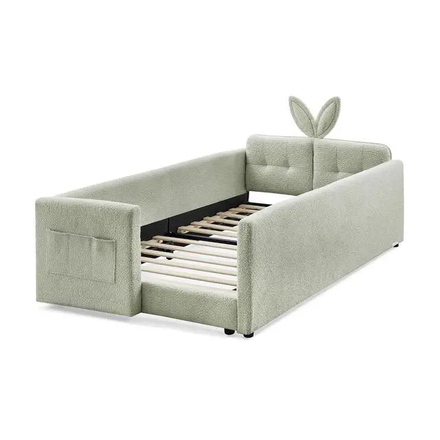 Alt view image 7 of 7 - Twin Size Boucle Upholstered Floor Bed, Princess Platform Bed with Cute Rabbit Ear Shaped Headboard, Safety Rail and Pockets, Soft Single Bedframe for Girls and Boys Bedroom, Easy to Assemble, Cyan