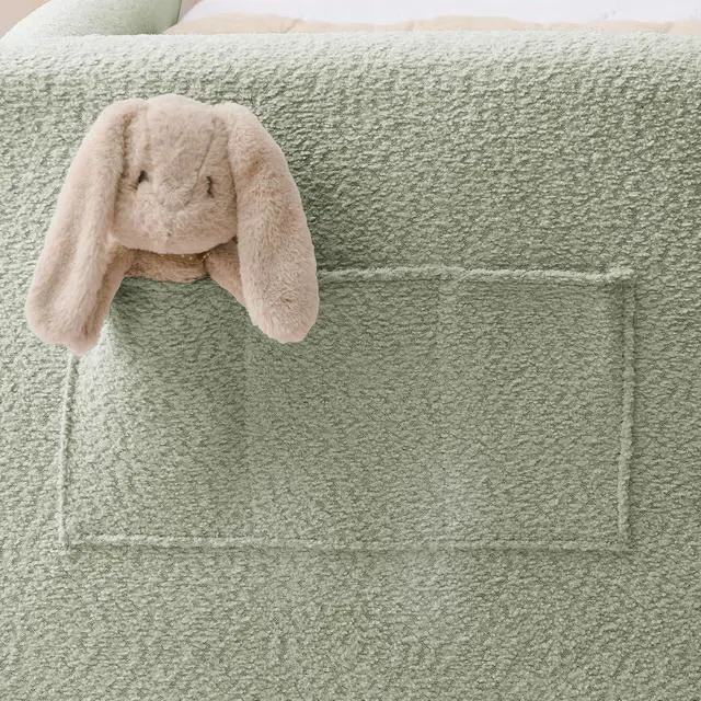 Alt view image 6 of 7 - Twin Size Boucle Upholstered Floor Bed, Princess Platform Bed with Cute Rabbit Ear Shaped Headboard, Safety Rail and Pockets, Soft Single Bedframe for Girls and Boys Bedroom, Easy to Assemble, Cyan