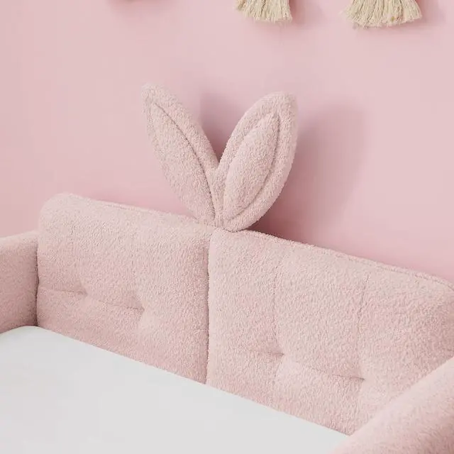 Alt view image 4 of 7 - Twin Size Boucle Upholstered Floor Bed, Princess Platform Bed with Cute Rabbit Ear Shaped Headboard, Safety Rail and Pockets, Soft Single Bedframe for Girls and Boys Bedroom, Easy to Assemble, Pink