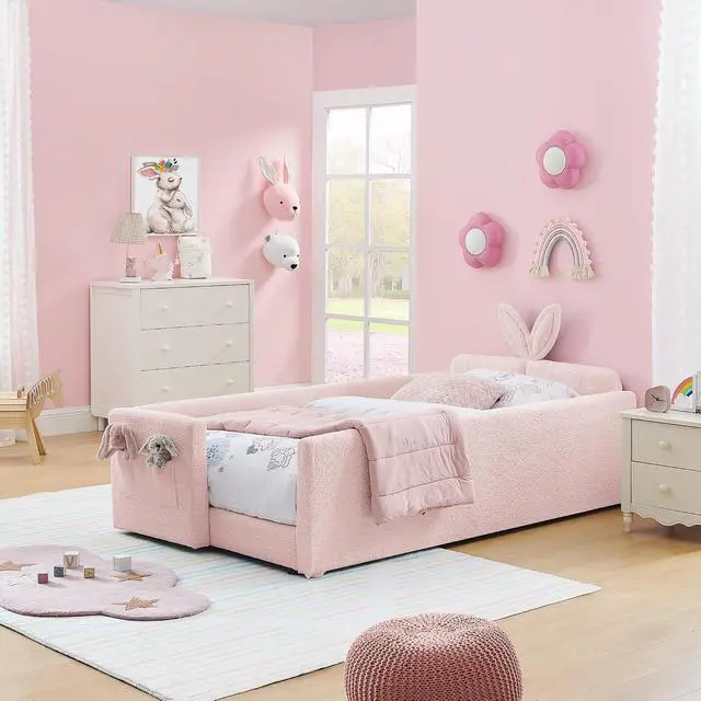 Alt view image 3 of 7 - Twin Size Boucle Upholstered Floor Bed, Princess Platform Bed with Cute Rabbit Ear Shaped Headboard, Safety Rail and Pockets, Soft Single Bedframe for Girls and Boys Bedroom, Easy to Assemble, Pink