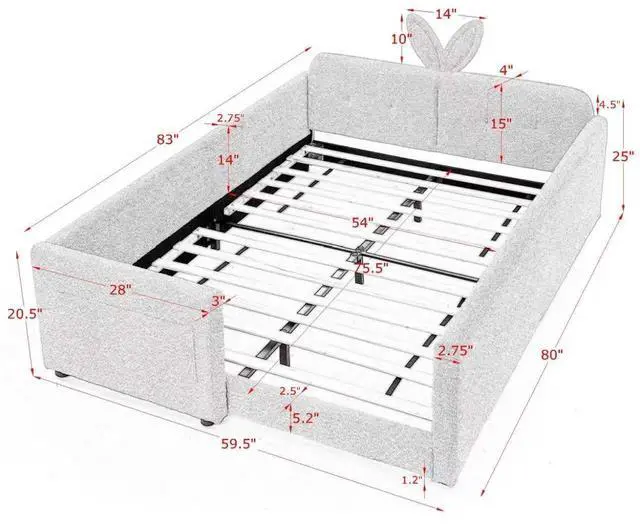 Alt view image 2 of 7 - Full Size Boucle Upholstered Floor Bed, Princess Platform Bed with Cute Rabbit Ear Shaped Headboard, Safety Rail and Pockets, Soft Double Bedframe for Girls and Boys Bedroom, Easy to Assemble, Beige