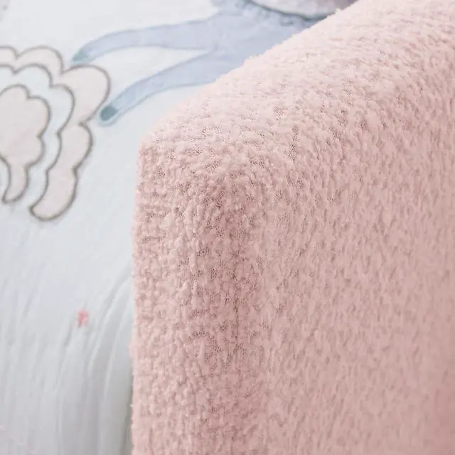 Alt view image 5 of 7 - Twin Size Boucle Upholstered Floor Bed, Princess Platform Bed with Cute Rabbit Ear Shaped Headboard, Safety Rail and Pockets, Soft Single Bedframe for Girls and Boys Bedroom, Easy to Assemble, Pink