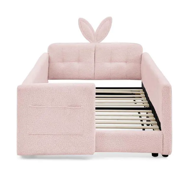 Alt view image 7 of 7 - Twin Size Boucle Upholstered Floor Bed, Princess Platform Bed with Cute Rabbit Ear Shaped Headboard, Safety Rail and Pockets, Soft Single Bedframe for Girls and Boys Bedroom, Easy to Assemble, Pink