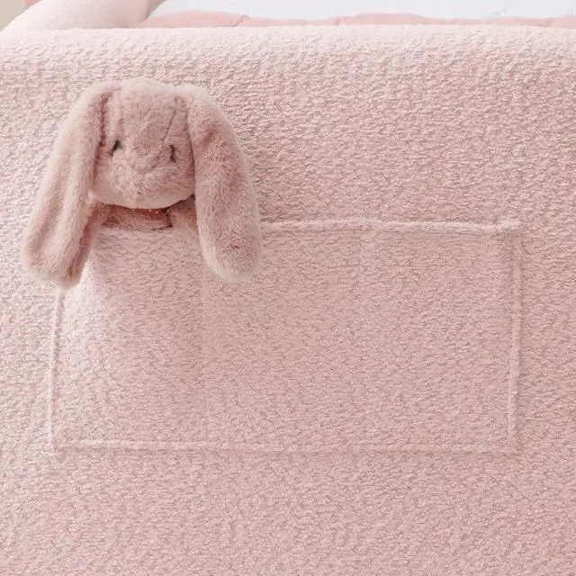 Alt view image 6 of 7 - Twin Size Boucle Upholstered Floor Bed, Princess Platform Bed with Cute Rabbit Ear Shaped Headboard, Safety Rail and Pockets, Soft Single Bedframe for Girls and Boys Bedroom, Easy to Assemble, Pink