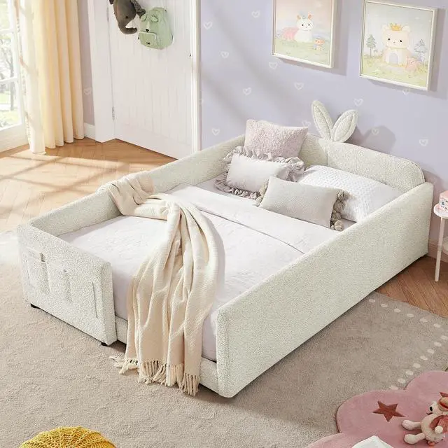 Main image of Full Size Boucle Upholstered Floor Bed, Princess Platform Bed with Cute Rabbit Ear Shaped Headboard, Safety Rail and Pockets, Soft Double Bedframe for Girls and Boys Bedroom, Easy to Assemble, Beige