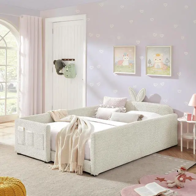 Alt view image 3 of 7 - Full Size Boucle Upholstered Floor Bed, Princess Platform Bed with Cute Rabbit Ear Shaped Headboard, Safety Rail and Pockets, Soft Double Bedframe for Girls and Boys Bedroom, Easy to Assemble, Beige