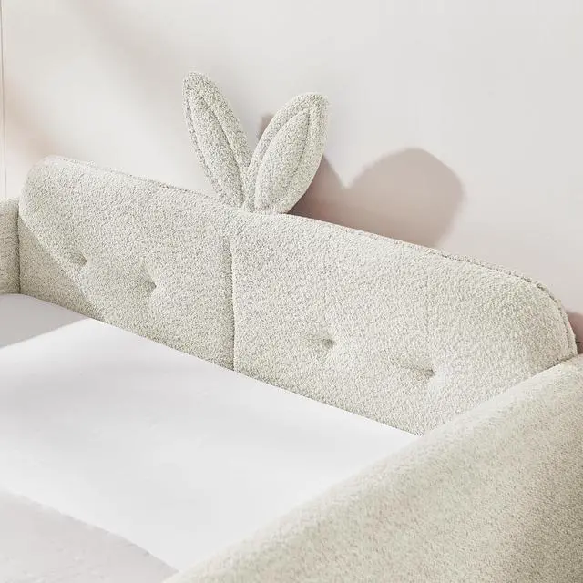Alt view image 4 of 7 - Full Size Boucle Upholstered Floor Bed, Princess Platform Bed with Cute Rabbit Ear Shaped Headboard, Safety Rail and Pockets, Soft Double Bedframe for Girls and Boys Bedroom, Easy to Assemble, Beige