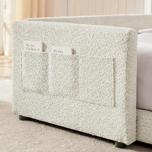 Alt view image 5 of 7 - Full Size Boucle Upholstered Floor Bed, Princess Platform Bed with Cute Rabbit Ear Shaped Headboard, Safety Rail and Pockets, Soft Double Bedframe for Girls and Boys Bedroom, Easy to Assemble, Beige