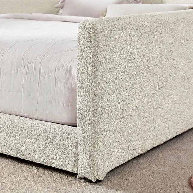 Alt view image 6 of 7 - Full Size Boucle Upholstered Floor Bed, Princess Platform Bed with Cute Rabbit Ear Shaped Headboard, Safety Rail and Pockets, Soft Double Bedframe for Girls and Boys Bedroom, Easy to Assemble, Beige