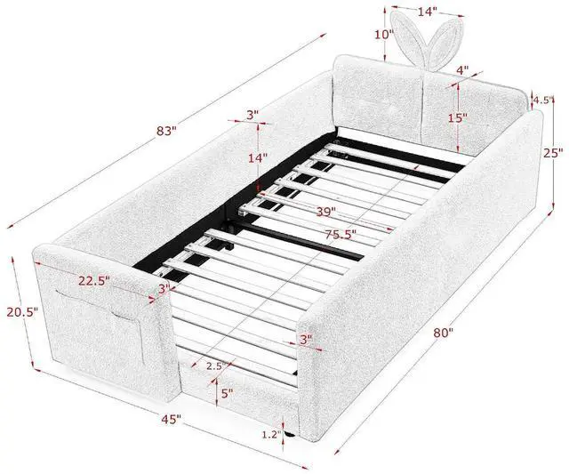 Alt view image 2 of 7 - Twin Size Boucle Upholstered Floor Bed, Princess Platform Bed with Cute Rabbit Ear Shaped Headboard, Safety Rail and Pockets, Soft Single Bedframe for Girls Boys Bedroom, Easy to Assemble, Sky Blue