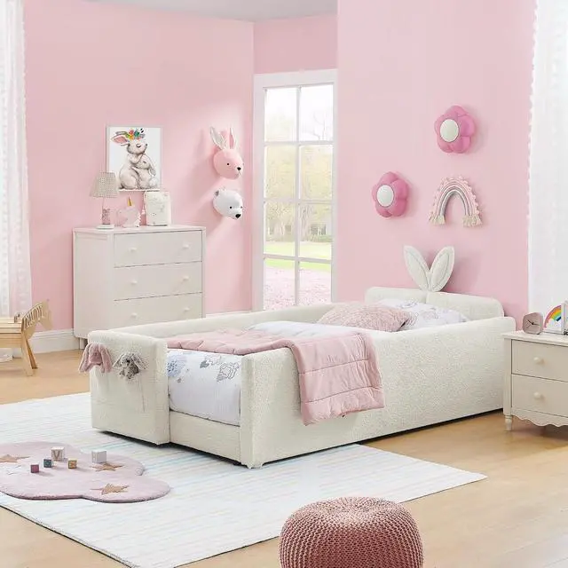 Alt view image 3 of 7 - Twin Size Boucle Upholstered Floor Bed, Princess Platform Bed with Cute Rabbit Ear Shaped Headboard, Safety Rail and Pockets, Soft Single Bedframe for Girls and Boys Bedroom, Easy to Assemble, Beige
