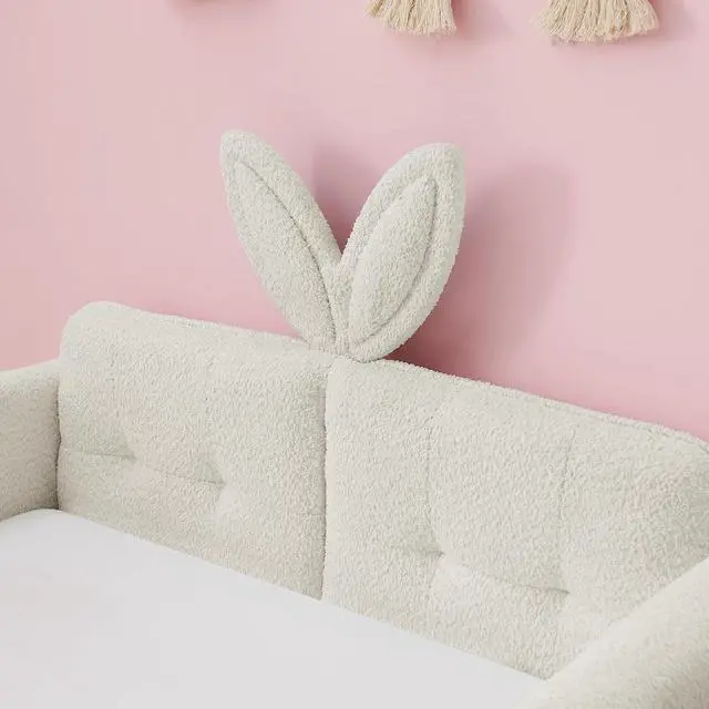 Alt view image 5 of 7 - Twin Size Boucle Upholstered Floor Bed, Princess Platform Bed with Cute Rabbit Ear Shaped Headboard, Safety Rail and Pockets, Soft Single Bedframe for Girls and Boys Bedroom, Easy to Assemble, Beige