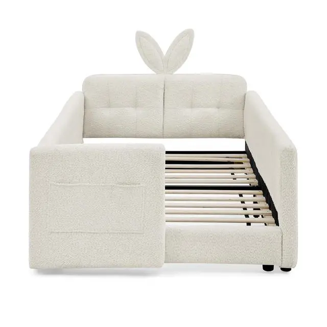 Alt view image 7 of 7 - Twin Size Boucle Upholstered Floor Bed, Princess Platform Bed with Cute Rabbit Ear Shaped Headboard, Safety Rail and Pockets, Soft Single Bedframe for Girls and Boys Bedroom, Easy to Assemble, Beige