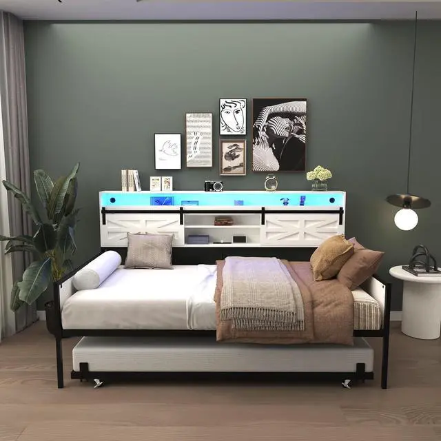 Main image of Wooden Twin Daybed with Trundle, Day Bed Frame with Sliding Barn Door Headboard and Storage Shelves, Farmhouse Daybed with Charging Station & LED Light for Bedroom and Guest Room, Glossy White