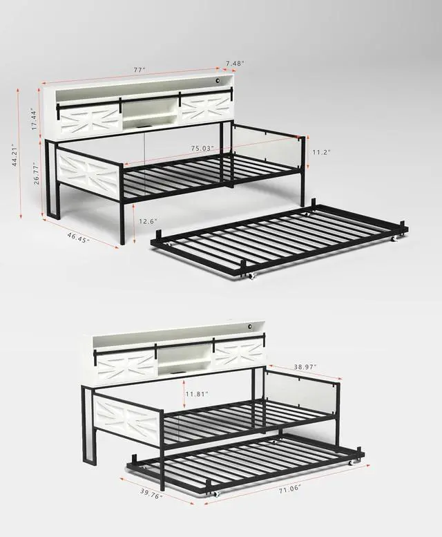 Alt view image 2 of 7 - Wooden Twin Daybed with Trundle, Day Bed Frame with Sliding Barn Door Headboard and Storage Shelves, Farmhouse Daybed with Charging Station & LED Light for Bedroom and Guest Room, Glossy White