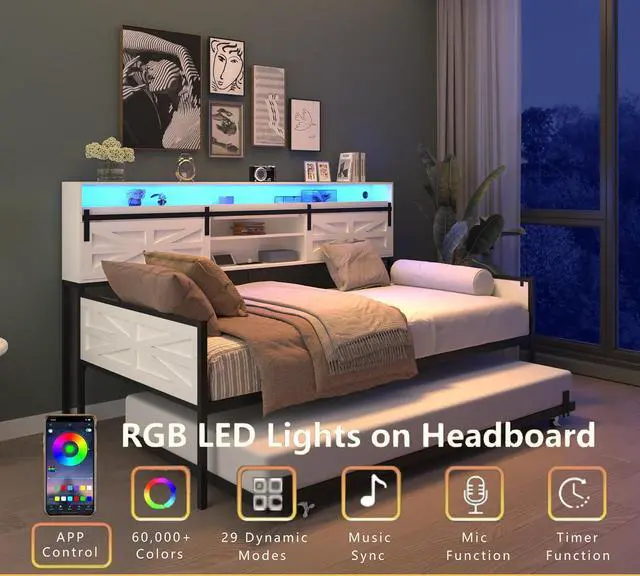 Alt view image 3 of 7 - Wooden Twin Daybed with Trundle, Day Bed Frame with Sliding Barn Door Headboard and Storage Shelves, Farmhouse Daybed with Charging Station & LED Light for Bedroom and Guest Room, Glossy White