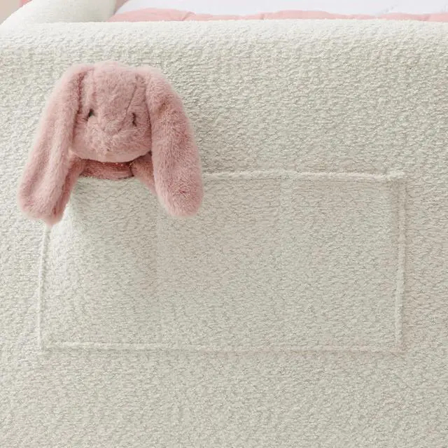 Alt view image 6 of 7 - Twin Size Boucle Upholstered Floor Bed, Princess Platform Bed with Cute Rabbit Ear Shaped Headboard, Safety Rail and Pockets, Soft Single Bedframe for Girls and Boys Bedroom, Easy to Assemble, Beige
