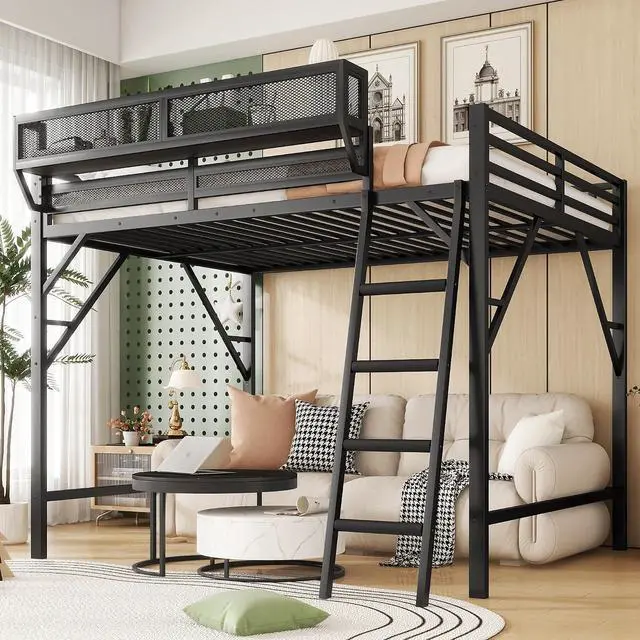 Main image of Full Size Loft Bed with Stairs, Metal High Loft Bed with Storage Shelf, Full-Length Guardrail for Kids Teens Small Space Bedroom Guest Room, Black