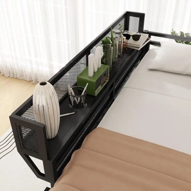 Alt view image 5 of 7 - Full Size Loft Bed with Stairs, Metal High Loft Bed with Storage Shelf, Full-Length Guardrail for Kids Teens Small Space Bedroom Guest Room, Black