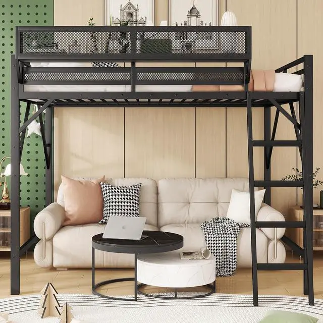 Alt view image 4 of 7 - Full Size Loft Bed with Stairs, Metal High Loft Bed with Storage Shelf, Full-Length Guardrail for Kids Teens Small Space Bedroom Guest Room, Black
