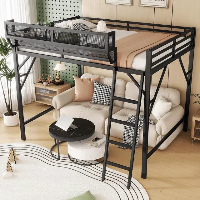 Alt view image 3 of 7 - Full Size Loft Bed with Stairs, Metal High Loft Bed with Storage Shelf, Full-Length Guardrail for Kids Teens Small Space Bedroom Guest Room, Black