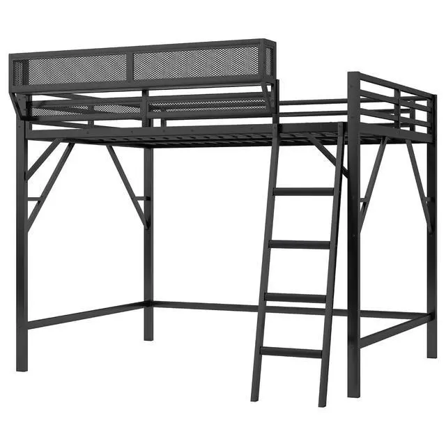 Alt view image 7 of 7 - Full Size Loft Bed with Stairs, Metal High Loft Bed with Storage Shelf, Full-Length Guardrail for Kids Teens Small Space Bedroom Guest Room, Black