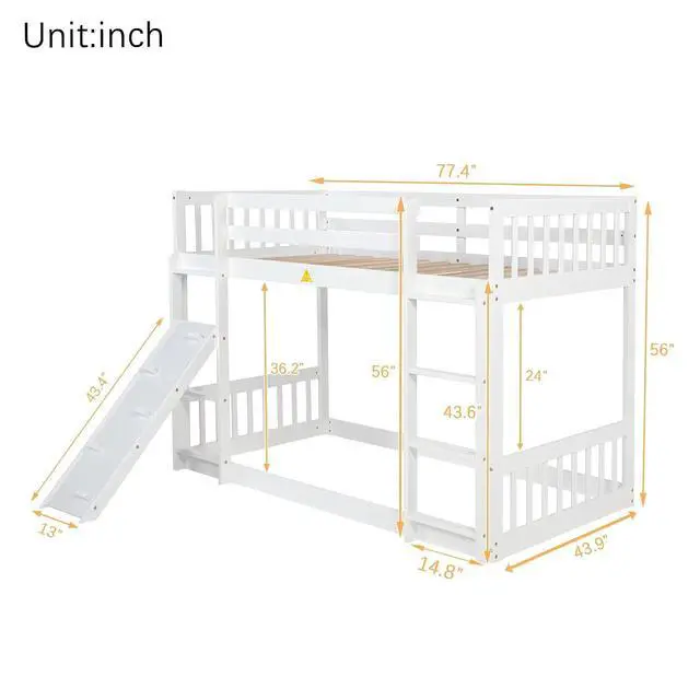 Alt view image 2 of 7 - Twin Over Twin Bunk Bed with Switchable Climbing Ramp,High Bed with Ladder & Safety Guardrails, Montessori Floor Wooden Bedframe, 2 Ways to Bed, Noise-Free for Kids' Bedroom, Dorm, or Guest Room