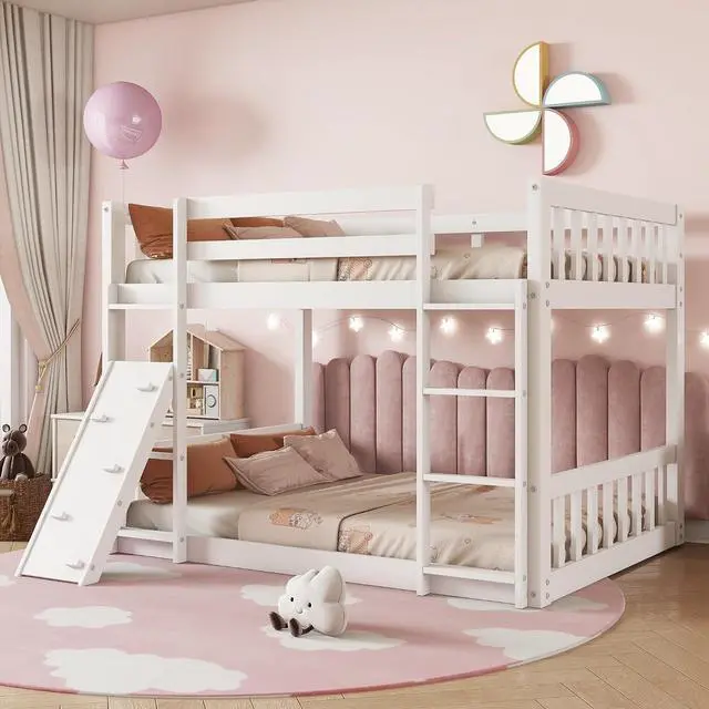 Main image of Twin Over Twin Bunk Bed with Switchable Climbing Ramp,High Bed with Ladder & Safety Guardrails, Montessori Floor Wooden Bedframe, 2 Ways to Bed, Noise-Free for Kids' Bedroom, Dorm, or Guest Room