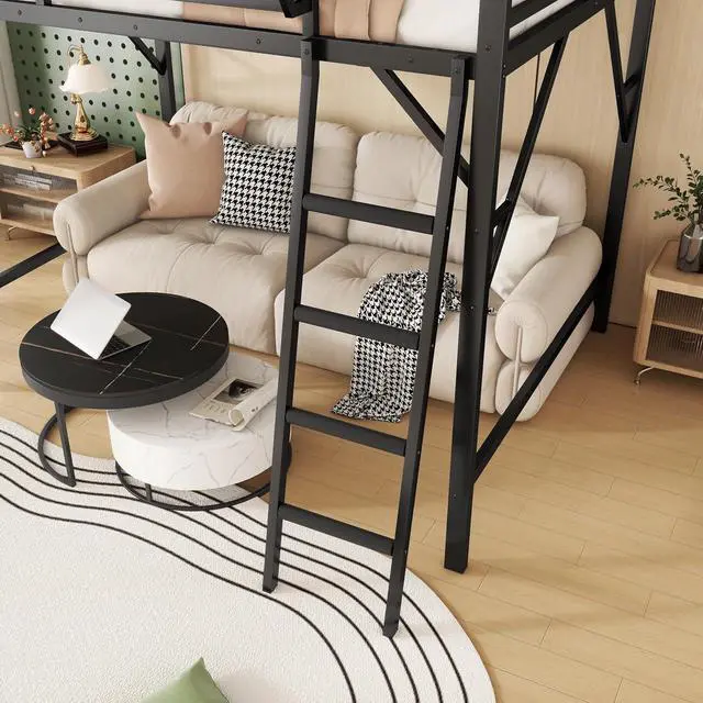 Alt view image 6 of 7 - Full Size Loft Bed with Stairs, Metal High Loft Bed with Storage Shelf, Full-Length Guardrail for Kids Teens Small Space Bedroom Guest Room, Black