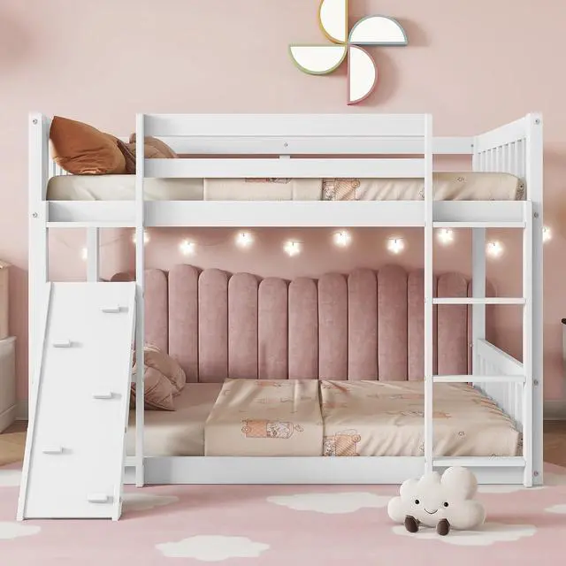 Alt view image 3 of 7 - Twin Over Twin Bunk Bed with Switchable Climbing Ramp,High Bed with Ladder & Safety Guardrails, Montessori Floor Wooden Bedframe, 2 Ways to Bed, Noise-Free for Kids' Bedroom, Dorm, or Guest Room