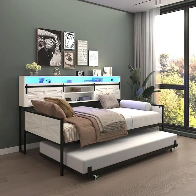 Alt view image 4 of 7 - Wooden Twin Daybed with Trundle, Day Bed Frame with Sliding Barn Door Headboard and Storage Shelves, Farmhouse Daybed with Charging Station & LED Light for Bedroom and Guest Room, Glossy White
