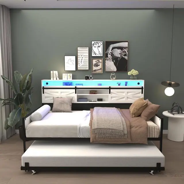 Alt view image 7 of 7 - Wooden Twin Daybed with Trundle, Day Bed Frame with Sliding Barn Door Headboard and Storage Shelves, Farmhouse Daybed with Charging Station & LED Light for Bedroom and Guest Room, Glossy White