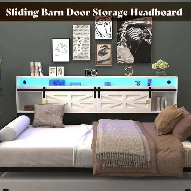 Alt view image 6 of 7 - Wooden Twin Daybed with Trundle, Day Bed Frame with Sliding Barn Door Headboard and Storage Shelves, Farmhouse Daybed with Charging Station & LED Light for Bedroom and Guest Room, Glossy White