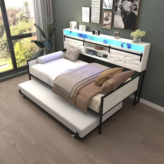 Alt view image 5 of 7 - Wooden Twin Daybed with Trundle, Day Bed Frame with Sliding Barn Door Headboard and Storage Shelves, Farmhouse Daybed with Charging Station & LED Light for Bedroom and Guest Room, Glossy White