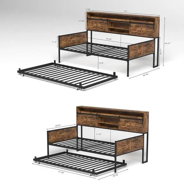 Alt view image 2 of 7 - Wooden Twin Daybed with Trundle, Day Bed Frame with Sliding Barn Door Headboard and Storage Shelves, Farmhouse Daybed with Charging Station & LED Light for Bedroom and Guest Room, Rustic Brown