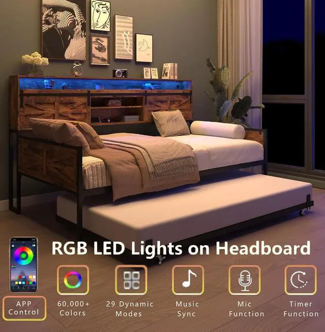 Alt view image 3 of 7 - Wooden Twin Daybed with Trundle, Day Bed Frame with Sliding Barn Door Headboard and Storage Shelves, Farmhouse Daybed with Charging Station & LED Light for Bedroom and Guest Room, Rustic Brown